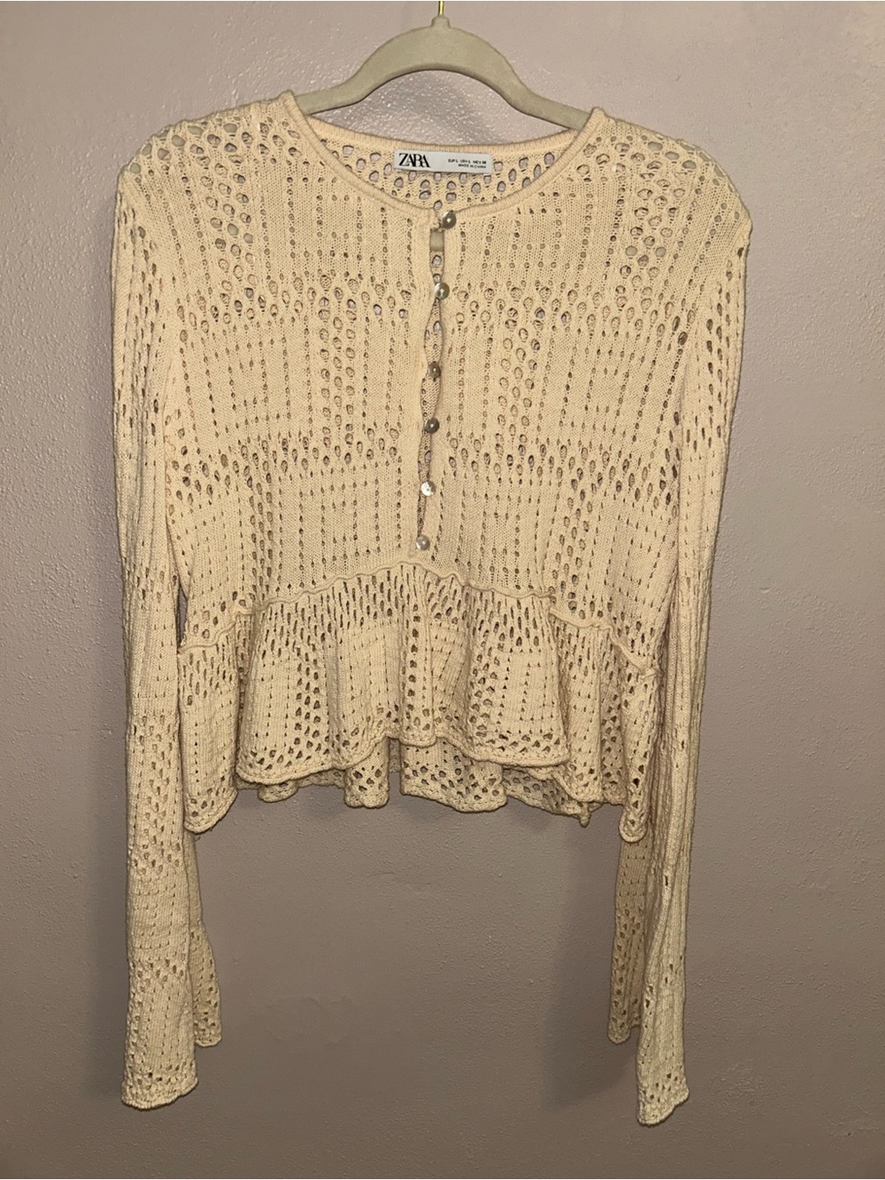 Zara Crochet Ruffle Hem Knit button cardigan Sweater - Cream - Picture 2 of 4
